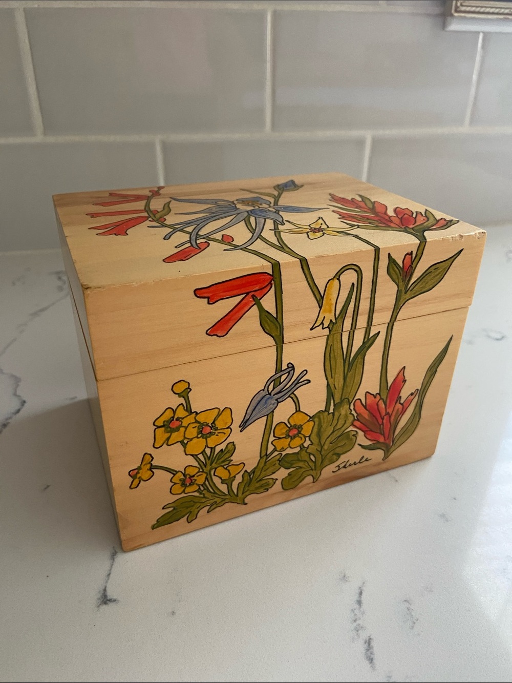 Vintage Hand Painted Floral Wooden Keepsake Box Wildflower Art Signed Sharle